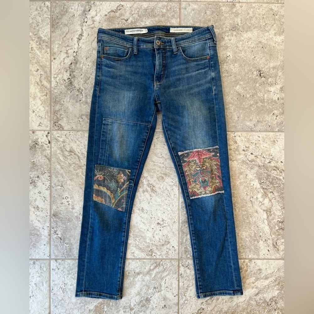Pilcro Anthropologie Tapestry Patchwork Mid-Rise Slim Boyfriend Jeans, 27
